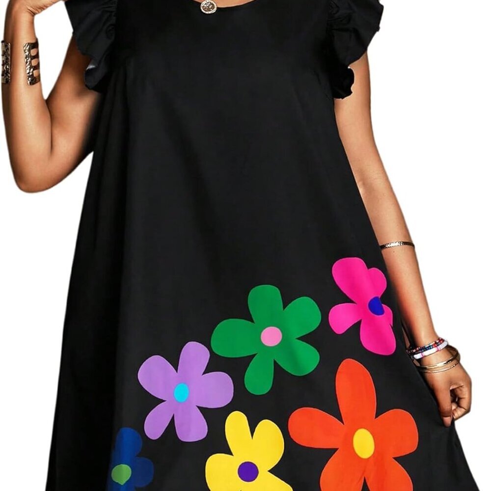 Plus Size Women's Boho Floral Tunic Dress Ruffle Cap Sleeve Summer